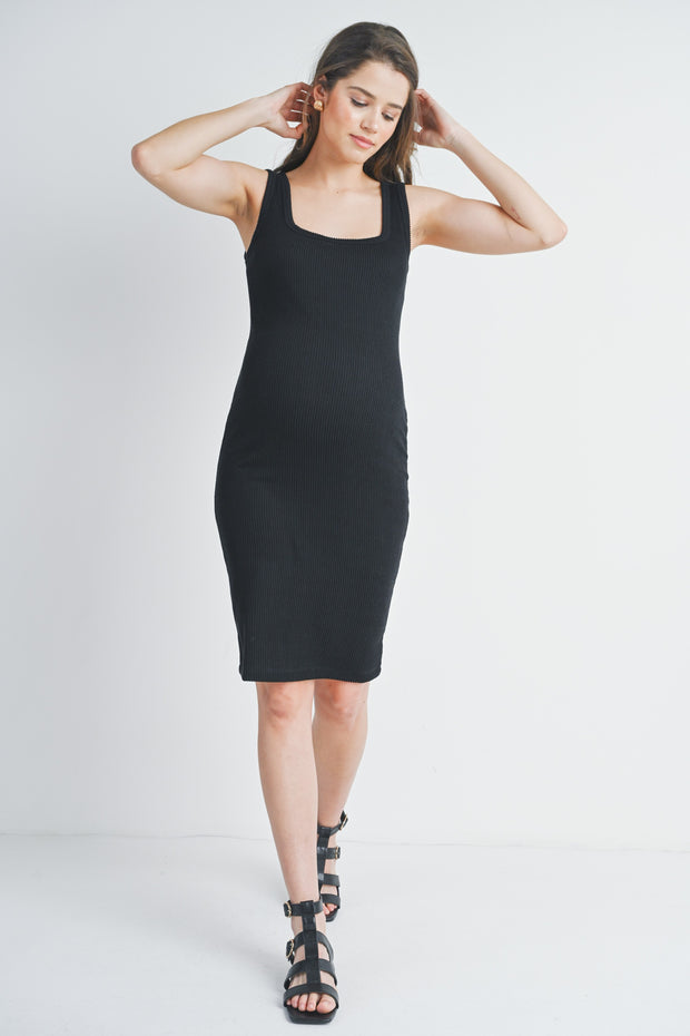 Black Square Neck Fitted Maternity Ribbed Dress
