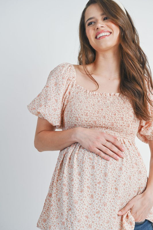 Pink Floral Puff Sleeve Maternity Smocked Top