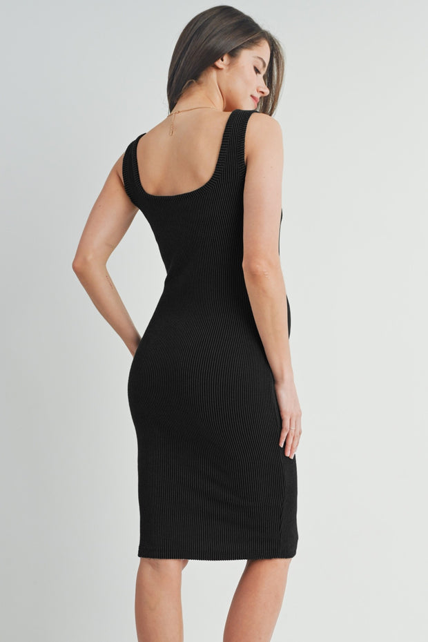 Black Square Neck Fitted Maternity Ribbed Dress