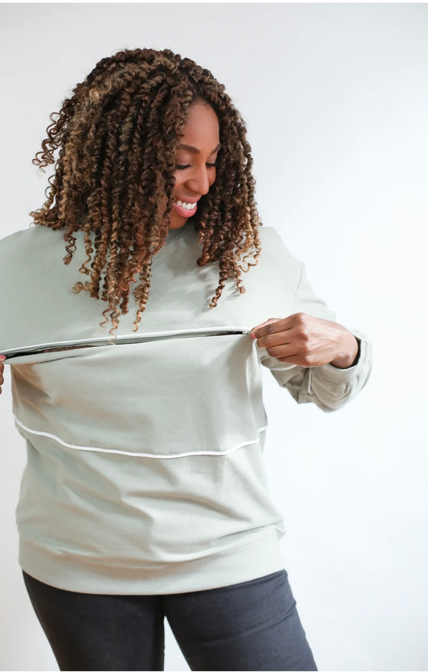 Move Mama Nursing Piping Sweatshirt with Hidden Zipper- Sage – One Hott  Mamma Maternity