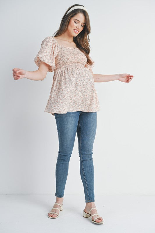 Pink Floral Puff Sleeve Maternity Smocked Top